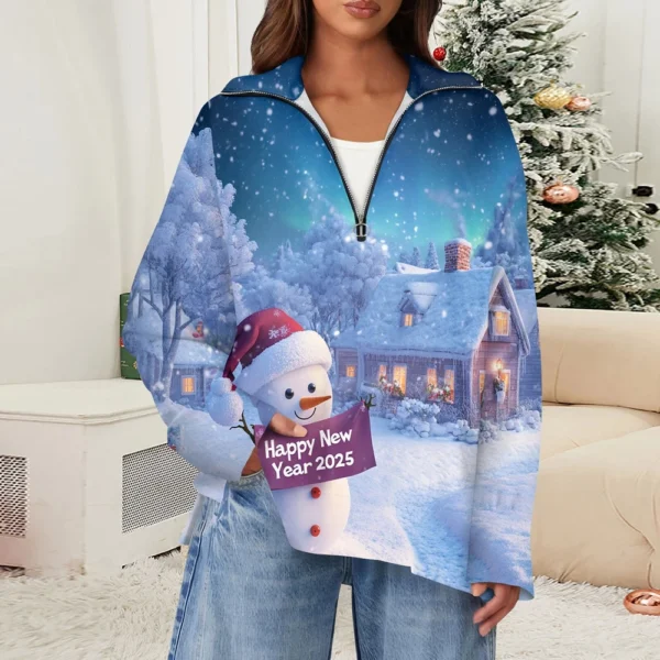 Women's Casual Half Zipper Lapel Christmas Printed Pullover Top Side Slit - Image 34