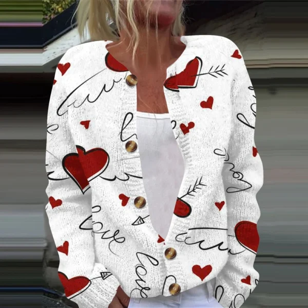 Women's Fashion Printed Valentine's Day Long Sleeved Knitted Cardigan Button - Image 25