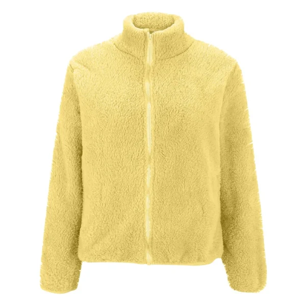 Women's Solid Color Loose High Neck Long Fleece Plush Warm Zipper Jacket - Image 11