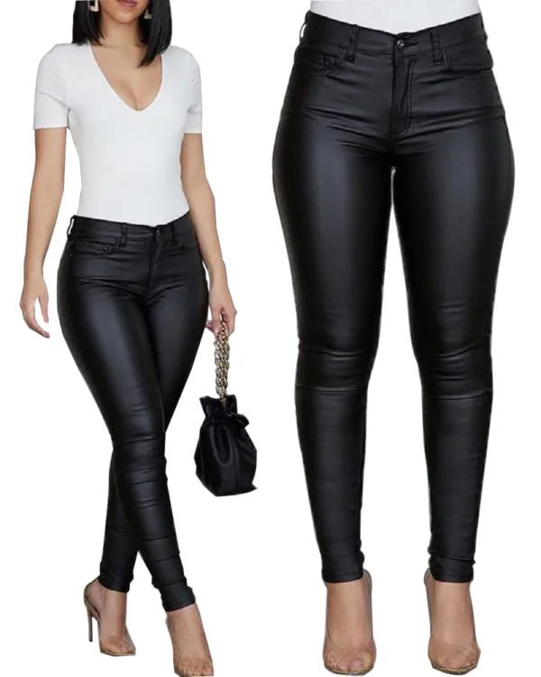 Solid color PU leather pants casual women's trousers - Image 9