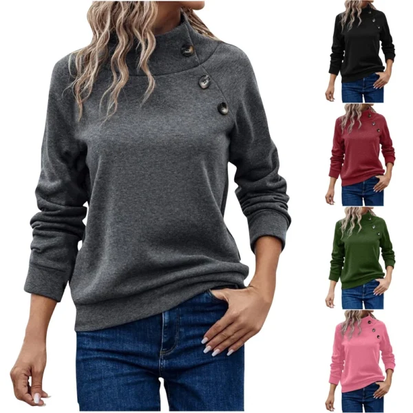 Women's Fashion Casual Solid Color High-neck Button Loose Long-sleeved Hoodie - Image 8
