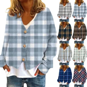 Women's Fashion Short Jacket Casual  Plaid Print Single Breasted Plush Top ﻿