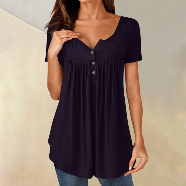 Women Tunic Tops Dressy Casual Summer Short Sleeve Shirts Loose Fit Pleated - Image 19
