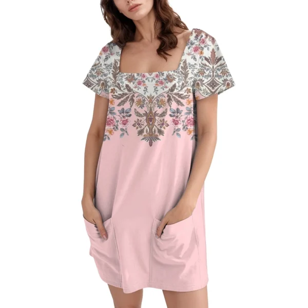 Women's Square Collar Short Sleeve Fashion Skirt Floral Print Pocket Casual - Image 23