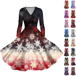 Women's Casual V-Neck Slim Fashion Christmas Long Sleeve Printed Dresses