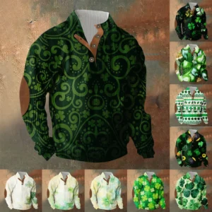 Knit Printed 3 Button - Corduroy Men's Standing Collar Pocket Sweatshirt