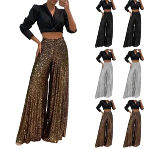 Women's Fashion Casual High Waist Thin Trousers Solid Colour Sequin Wide Leg