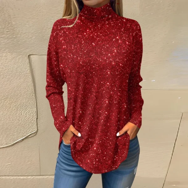 Women's Casual Christmas High Neck Pullover Long Sleeve Printed Fashion T-Shirt - Image 37