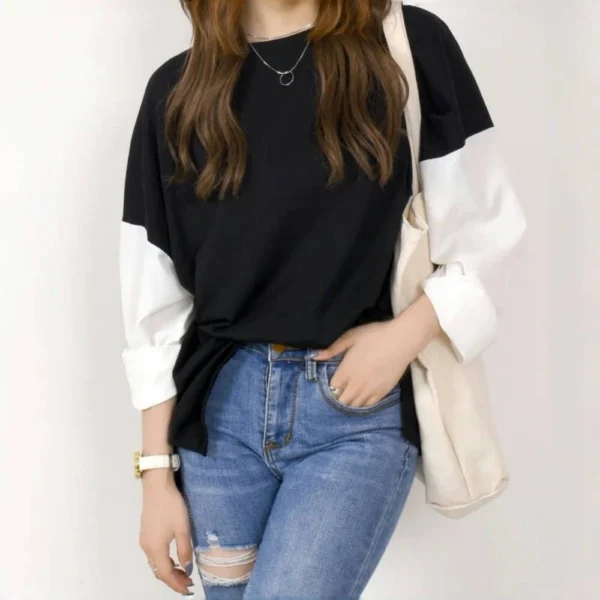 Striped Plaid Sleeves Splicing Long Sleeve Shirt Top - Image 12