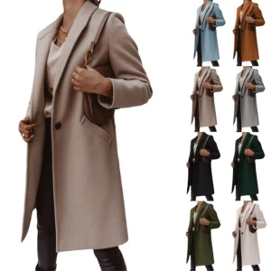 Solid color lapel long button woolen coat for women