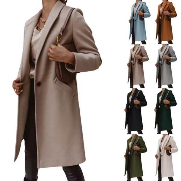Solid color lapel long button woolen coat for women