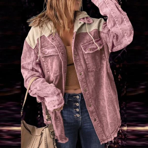 Women's Contrasting Splicing Double Pocket Hooded Jacket - Image 25