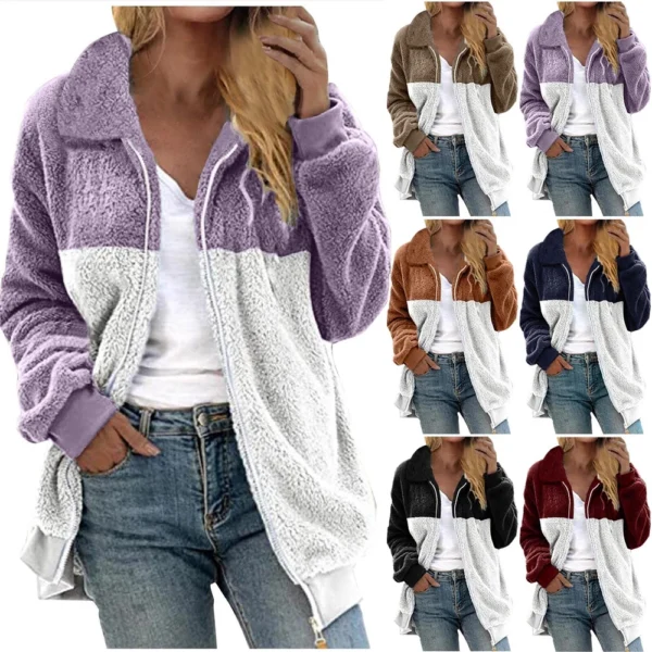 Women's Casual Color Blocking Loose Plush Zippered Flip Collar Jacket With
