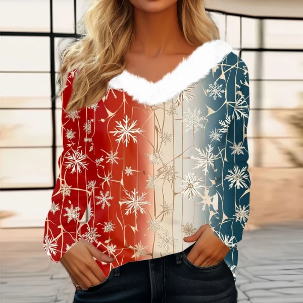 Women's V Neck Party Fleece Collar Top Shirt Christmas Long Sleeve T Shirt - Image 28