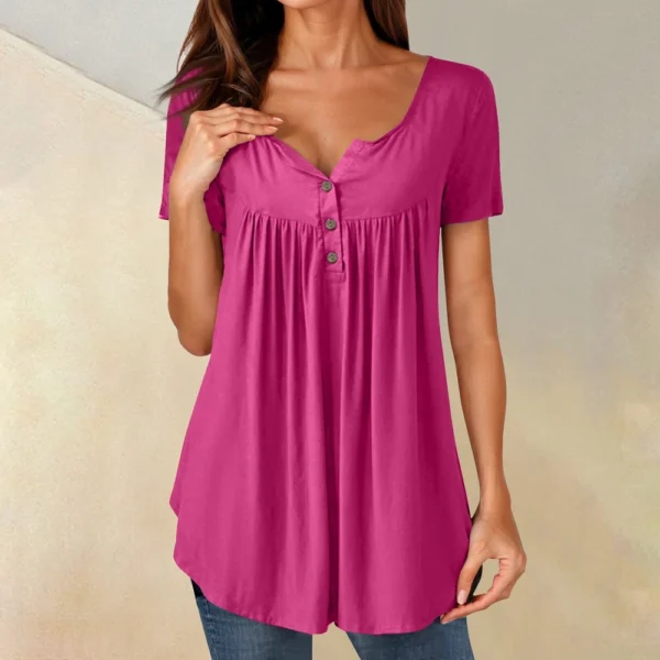 Women Tunic Tops Dressy Casual Summer Short Sleeve Shirts Loose Fit Pleated - Image 40