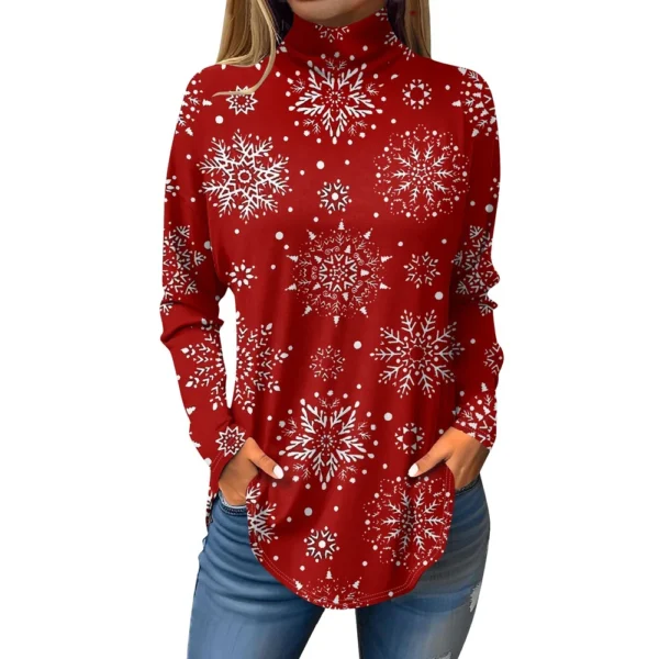 Women's Casual Christmas High Neck Pullover Long Sleeve Printed Fashion T-Shirt - Image 44