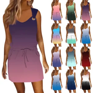 Women's Fashion Casual Printed Sleeveless Drawstring Dress With Pockets