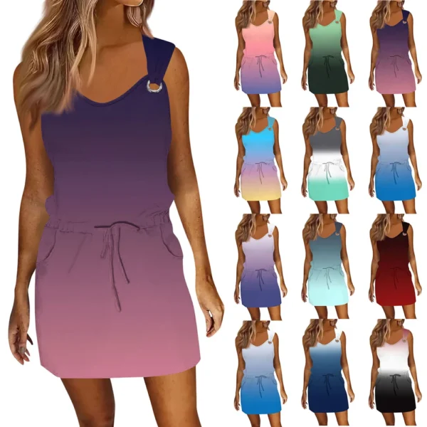 Women's Fashion Casual Printed Sleeveless Drawstring Dress With Pockets