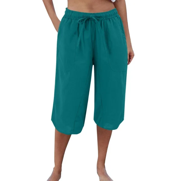 Womens Casual Cotton Hemp High Waist Drop Wide Legs With Drawstring Fifth Pants - Image 13