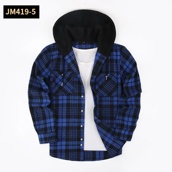 Thick long-sleeved hooded plaid shirt for men loose - Image 9