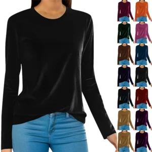 Women's Fashion Golden Velvet Solid Colour Round Neck Long Sleeve T-Shirt Top