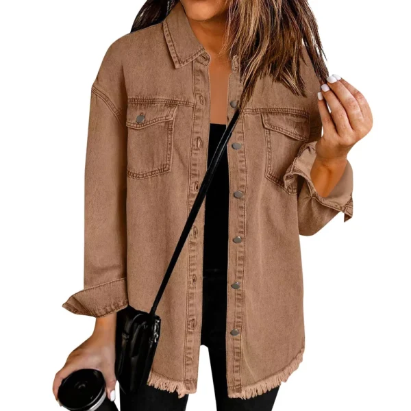 Women's Fashion Denim Shirt Jacket Milled Hem Button Casual Long Sleeve Jacket - Image 20