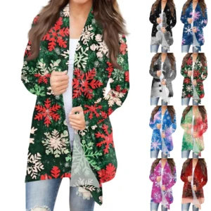 Women's Cardigan Christmas Printed Jacket Casual Medium Length Fashion Coat