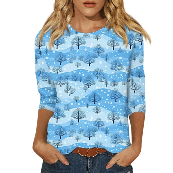 Ladies Loose Casual Round Neck T-Shirt Printed 3/4 Sleeve Christmas Women's Top - Image 32