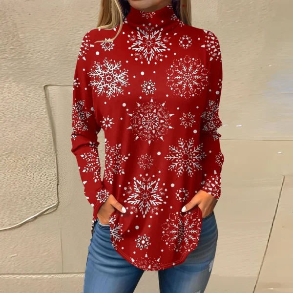 Women's Casual Christmas High Neck Pullover Long Sleeve Printed Fashion T-Shirt - Image 43
