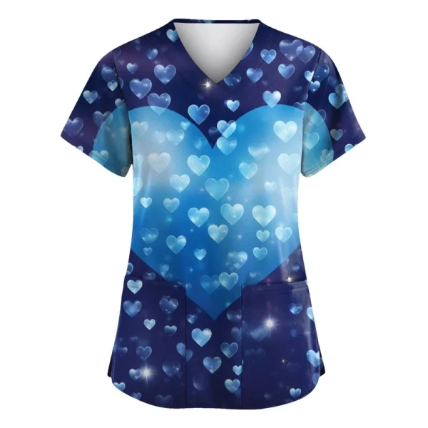 Women's Valentine's Day Printed  Uniform Work Uniform V-Neck Pocket Protective - Image 14