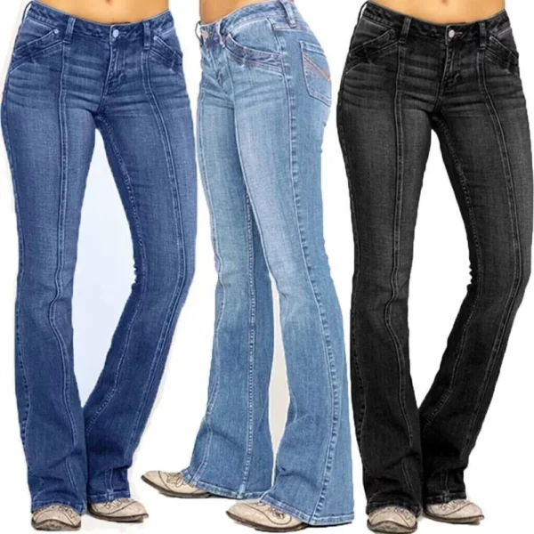 Women's Solid Color Patchwork Denim Low Waisted Cracked Horn Pants - Image 6