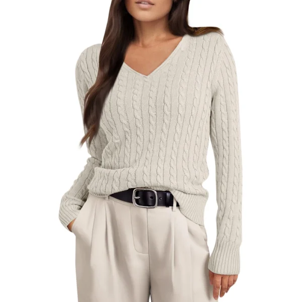 Women's Cable Knit V Neck Sweater Lightweight Soft Pullover Sweaters - Image 13