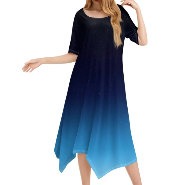 Women's Casual Fashion Round Neck Short Sleeve Print Irregular Hem Midi Dress - Image 7