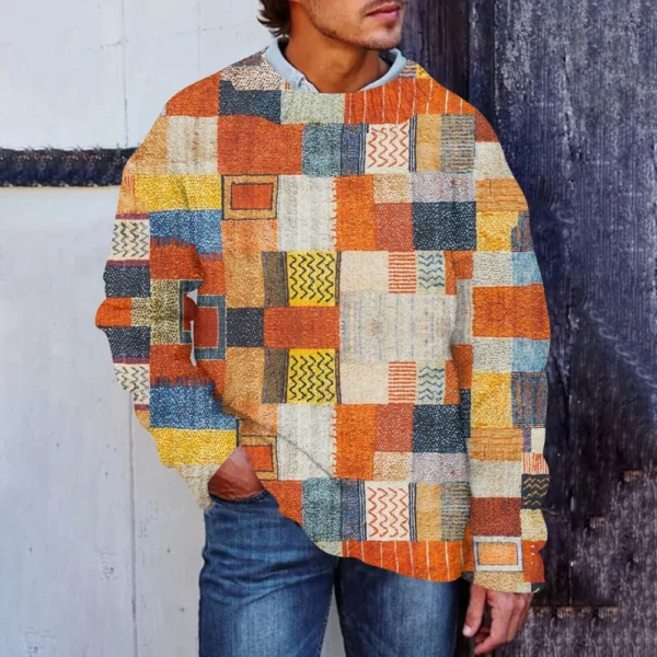 Men'S Printed Synthetic Sweater Round Neck Sportswear Loose Long Sleeved Top - Image 25