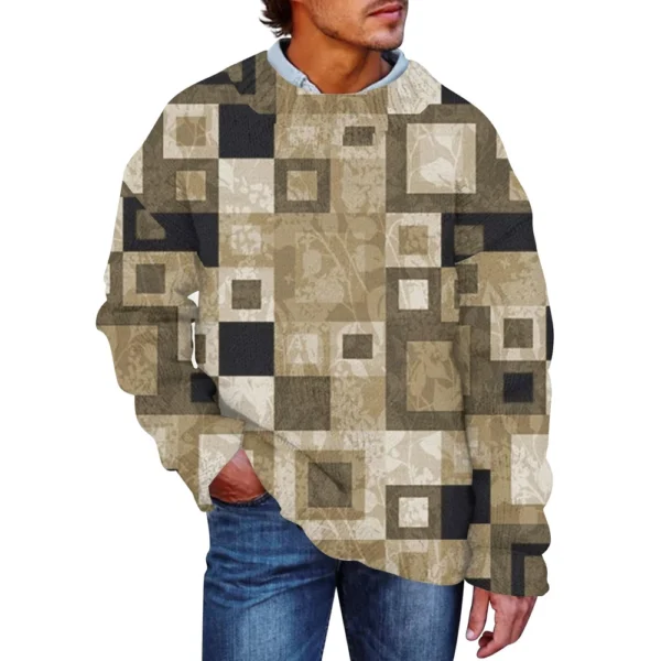 Men'S Printed Synthetic Sweater Round Neck Sportswear Loose Long Sleeved Top - Image 17
