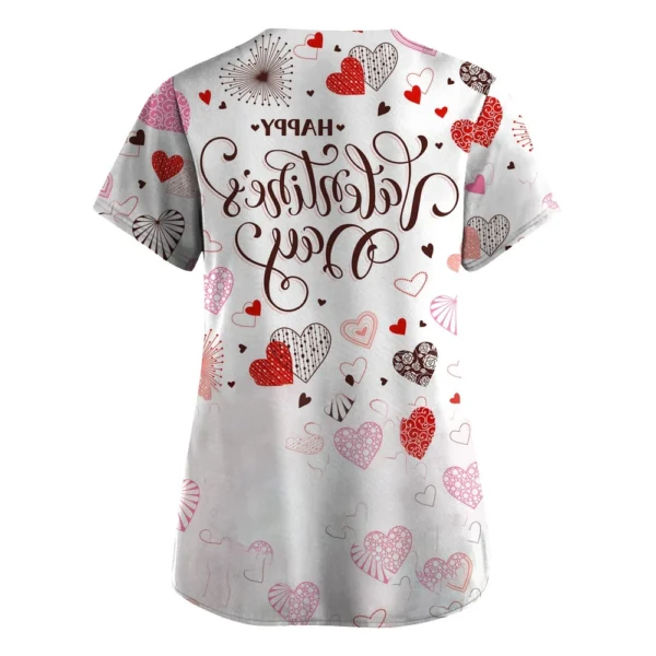 Women's Valentine's Day Printed  Uniform Work Uniform V-Neck Pocket Protective - Image 10