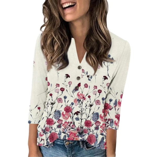 Women's Fashion Casual Loose 3/4 Sleeve Printed Round Neck Top - Image 8