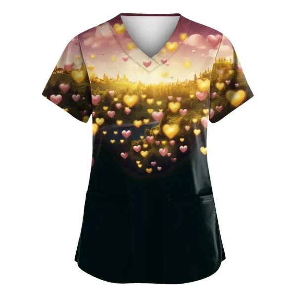 Women's Valentine's Day Printed  Uniform Work Uniform V-Neck Pocket Protective - Image 40