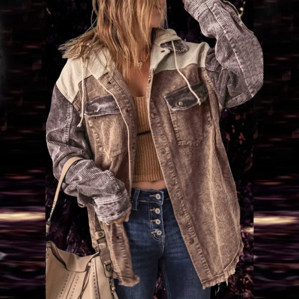 Women's Contrasting Splicing Double Pocket Hooded Jacket - Image 19