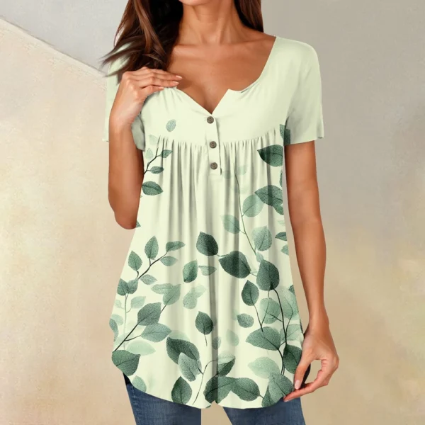 Women Tunic Tops Dressy Casual Summer Short Sleeve Shirts Loose Fit Pleated - Image 31
