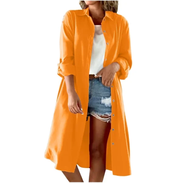 Women's Fashion Solid Color Loose Casual Comfort Lapel Long Button Coat - Image 4