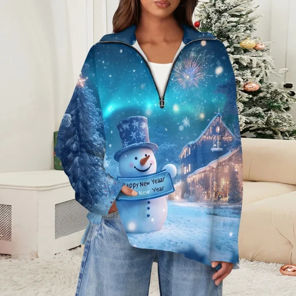 Women's Casual Half Zipper Lapel Christmas Printed Pullover Top Side Slit - Image 25
