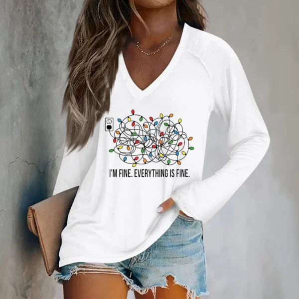 Women's Comfortable V-Neck Printed Long Sleeved Top Christmas Casual T-Shirt - Image 31