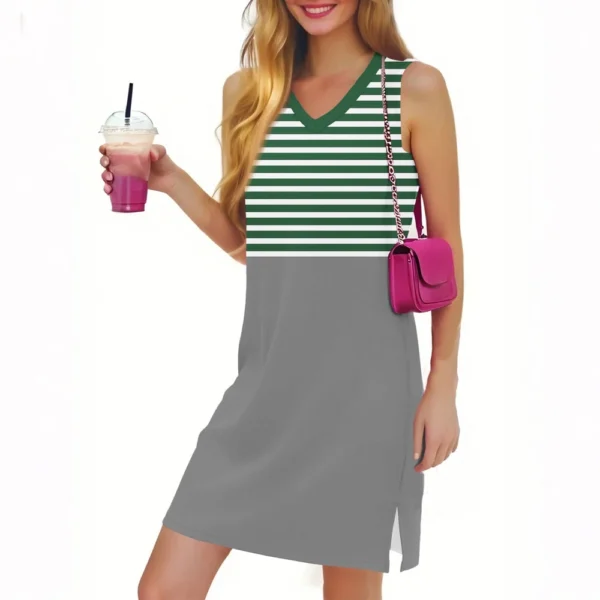 Women's Casual Fashion Sexy V-neck Sleeveless Striped Hem Slit Dress - Image 13