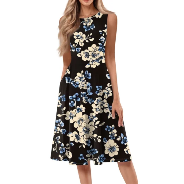 Women's Casual Fashion Floral Print Round Neck Sleeveless Solid Color Midi Dress - Image 2