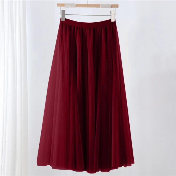 Women's Solid Color Mesh Skirt With Elastic Band Large Swing Mid Length Skirt - Image 37