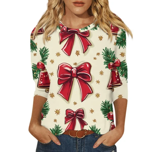 Ladies Loose Printed Casual T-Shirt Round Neck 3/4 Sleeve Christmas Women's Top - Image 2