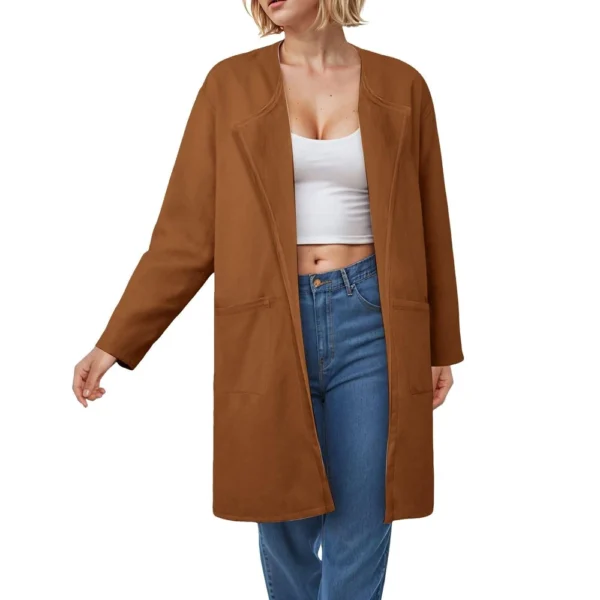 Ladies Solid Color Lapel Cardigan Tweed Cotton Coat Long Sleeve Jacket With - Image 50