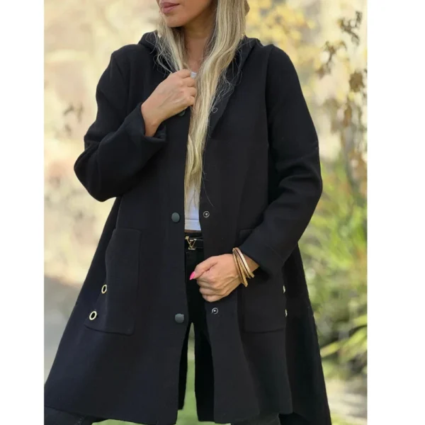 Women's Loose Casual Solid Color Single Breasted Hooded Jacket Woolen Coat Coat - Image 13
