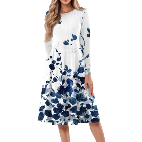 Women's Casual Fashion Round Neck Long Sleeve Print Midi Dress - Image 20